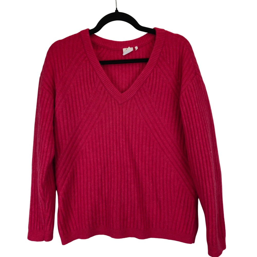 Marie Sixtine Wool Mohair‎ Alpaca Blend Ribbed V Neck Sweater Red Coral Medium
